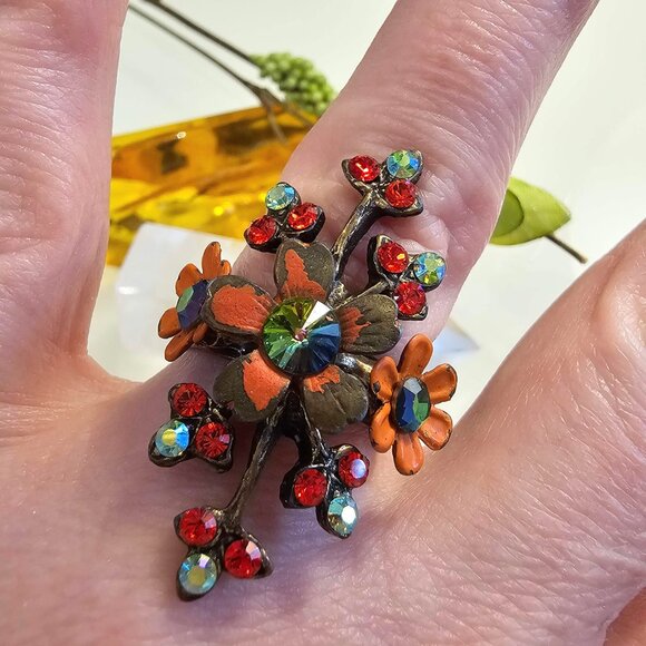 Vintage Michal Negrin Swarovski Orange Floral RIng - Picture 5 of 6